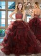 Halter Top Sleeveless Tulle Quinceanera Gown Beading and Ruffles Brush Train Backless
