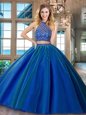 HalterHalter Top Brush Train Two Pieces Sweet 16 Dresses Royal Blue Halter Top Tulle Sleeveless Backless