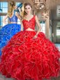 Custom Fit Red Sleeveless Organza Zipper 15th Birthday Dress for Military Ball and Sweet 16 and Quinceanera