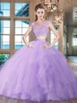 Fabulous Lavender Two Pieces Organza Scoop Cap Sleeves Beading and Appliques and Ruffles With Train Zipper Quinceanera Gowns Brush Train
