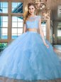 Fine Scoop Cap Sleeves Organza Quinceanera Gown Beading and Appliques and Ruffles Brush Train Zipper