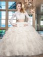Hot Selling Scoop Long Sleeves Floor Length Zipper Sweet 16 Dresses White and In for Military Ball and Sweet 16 and Quinceanera with Beading and Lace and Ruffles