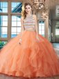 Hot Selling Orange Backless Scoop Beading and Ruffles 15th Birthday Dress Organza Sleeveless Brush Train