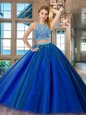 Scoop Sleeveless Backless Quinceanera Gowns Royal Blue Tulle