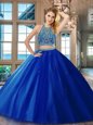 Extravagant Scoop Royal Blue Tulle Backless Ball Gown Prom Dress Sleeveless Floor Length Beading