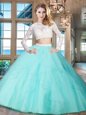 Delicate Scoop Long Sleeves Floor Length Zipper Ball Gown Prom Dress Aqua Blue and In for Military Ball and Sweet 16 and Quinceanera with Beading and Lace and Ruffles