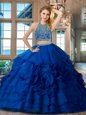 Designer Royal Blue Organza Backless Scoop Sleeveless Floor Length Quinceanera Dress Beading and Ruffles