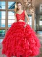 Trendy Red Sleeveless Organza Zipper Quince Ball Gowns for Military Ball and Sweet 16 and Quinceanera