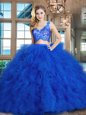 Adorable Tulle Sleeveless 15th Birthday Dress Brush Train and Lace and Ruffles