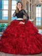 Scoop Backless Organza Long Sleeves Floor Length Ball Gown Prom Dress and Ruffles