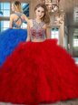 Criss Cross Scoop Sleeveless 15 Quinceanera Dress With Brush Train Beading and Ruffles Red Tulle