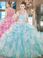 Cheap Organza Bateau Sleeveless Side Zipper Beading and Ruffles Sweet 16 Dresses in Aqua Blue