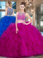 Hot Selling Fuchsia Sleeveless Tulle Brush Train Side Zipper Quinceanera Gown for Military Ball and Sweet 16 and Quinceanera