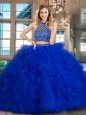 Stunning Royal Blue Tulle Backless Halter Top Sleeveless Sweet 16 Quinceanera Dress Brush Train Beading and Ruffles