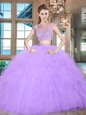 Clearance Lavender Tulle Zipper Scoop Cap Sleeves Floor Length Sweet 16 Dresses Beading and Appliques and Ruffles