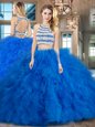 Customized Scoop Backless Blue Sleeveless Beading and Ruffles Floor Length 15th Birthday Dress