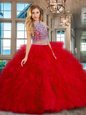 Red Backless Scoop Beading and Ruffles Quinceanera Gown Tulle Sleeveless