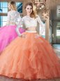 Luxury Scoop Long Sleeves Brush Train Beading and Lace and Ruffles Zipper Quinceanera Dress