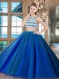 Best Tulle Scoop Sleeveless Backless Beading Sweet 16 Dresses in Royal Blue