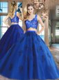 Custom Made Royal Blue Two Pieces V-neck Sleeveless Tulle Floor Length Zipper Lace and Appliques Sweet 16 Dress
