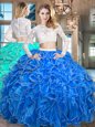 Deluxe Royal Blue Sweet 16 Quinceanera Dress Military Ball and Sweet 16 and Quinceanera and For with Beading and Lace and Ruffles Scoop Long Sleeves Zipper