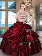 Discount Scoop Backless Floor Length Wine Red 15th Birthday Dress Taffeta Sleeveless Beading and Appliques and Pick Ups