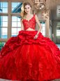Custom Designed Red Vestidos de Quinceanera Taffeta and Tulle Brush Train Sleeveless Lace and Ruffles and Pick Ups