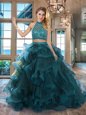 Excellent Teal Backless Halter Top Beading and Ruffles Quinceanera Dresses Tulle Sleeveless Brush Train