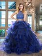 Admirable Royal Blue Halter Top Neckline Beading and Ruffles Ball Gown Prom Dress Sleeveless Backless