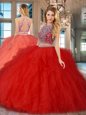 Glorious Scoop Beading and Ruffles Quinceanera Gowns Red Backless Sleeveless Floor Length