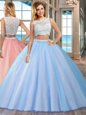 Blue Two Pieces Tulle Bateau Sleeveless Beading Floor Length Side Zipper 15th Birthday Dress