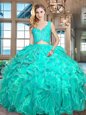 Turquoise Sleeveless Floor Length Lace and Ruffles Zipper Quince Ball Gowns