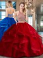 Red Backless Halter Top Beading and Ruffles Quinceanera Dress Tulle Sleeveless Brush Train