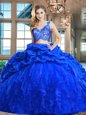 Royal Blue Taffeta and Tulle Zipper V-neck Sleeveless 15 Quinceanera Dress Brush Train Lace and Ruffles and Pick Ups