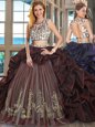 Best Burgundy Two Pieces Organza and Tulle Scoop Cap Sleeves Beading and Embroidery and Pick Ups With Train Backless Ball Gown Prom Dress Brush Train