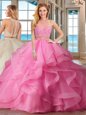 Shining Baby Pink Two Pieces High-neck Sleeveless Organza With Brush Train Lace Up Beading and Ruffles Vestidos de Quinceanera