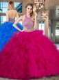 Halter Top Sleeveless With Train Beading and Ruffles Backless Quinceanera Gowns with Fuchsia Brush Train