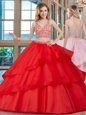 Dramatic With Train Red Quince Ball Gowns Organza Brush Train Sleeveless Beading