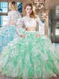 Scoop Apple Green Long Sleeves Floor Length Beading and Lace and Ruffles Zipper Sweet 16 Dress