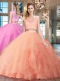 Brush Train Two Pieces Sweet 16 Dress Peach Scoop Organza Cap Sleeves With Train Zipper