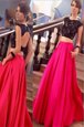 Custom Made Scoop Pink And Black Prom Dress Satin Brush Train Short Sleeves Lace