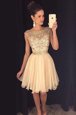 Champagne A-line Bateau Cap Sleeves Tulle Mini Length Zipper Beading Dress for Prom