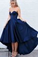 Spectacular Navy Blue A-line Sweetheart Sleeveless Satin High Low Zipper Pleated Prom Dresses