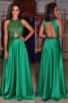 Custom Design Green A-line Scoop Sleeveless Satin Floor Length Backless Beading Evening Dress