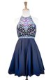 Halter Top Sleeveless Club Wear Mini Length Beading Navy Blue Chiffon