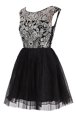 Knee Length Black Prom Gown Tulle Cap Sleeves Beading