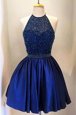 Royal Blue A-line High-neck Sleeveless Satin Knee Length Backless Beading Prom Gown