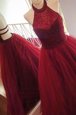 Spectacular Sweep Train A-line Dress for Prom Burgundy Halter Top Tulle Sleeveless With Train Backless