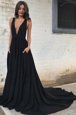 Sleeveless With Train Ruching Backless Prom Gown with Black Court Train