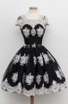 Edgy Scoop Black Cap Sleeves Tulle Lace Up Prom Gown for Prom and Party